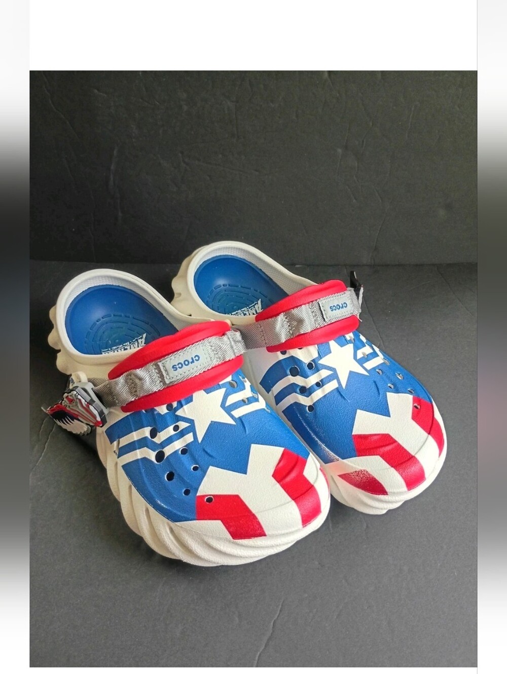 CROCS UNISEX Captain America Echo Clog White, Red and Blue Women 9 Men 7